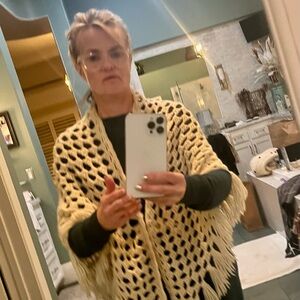 Cream Fringe Women's Cape Shawl Grannycore Grunge Open Weave Wool Handmade